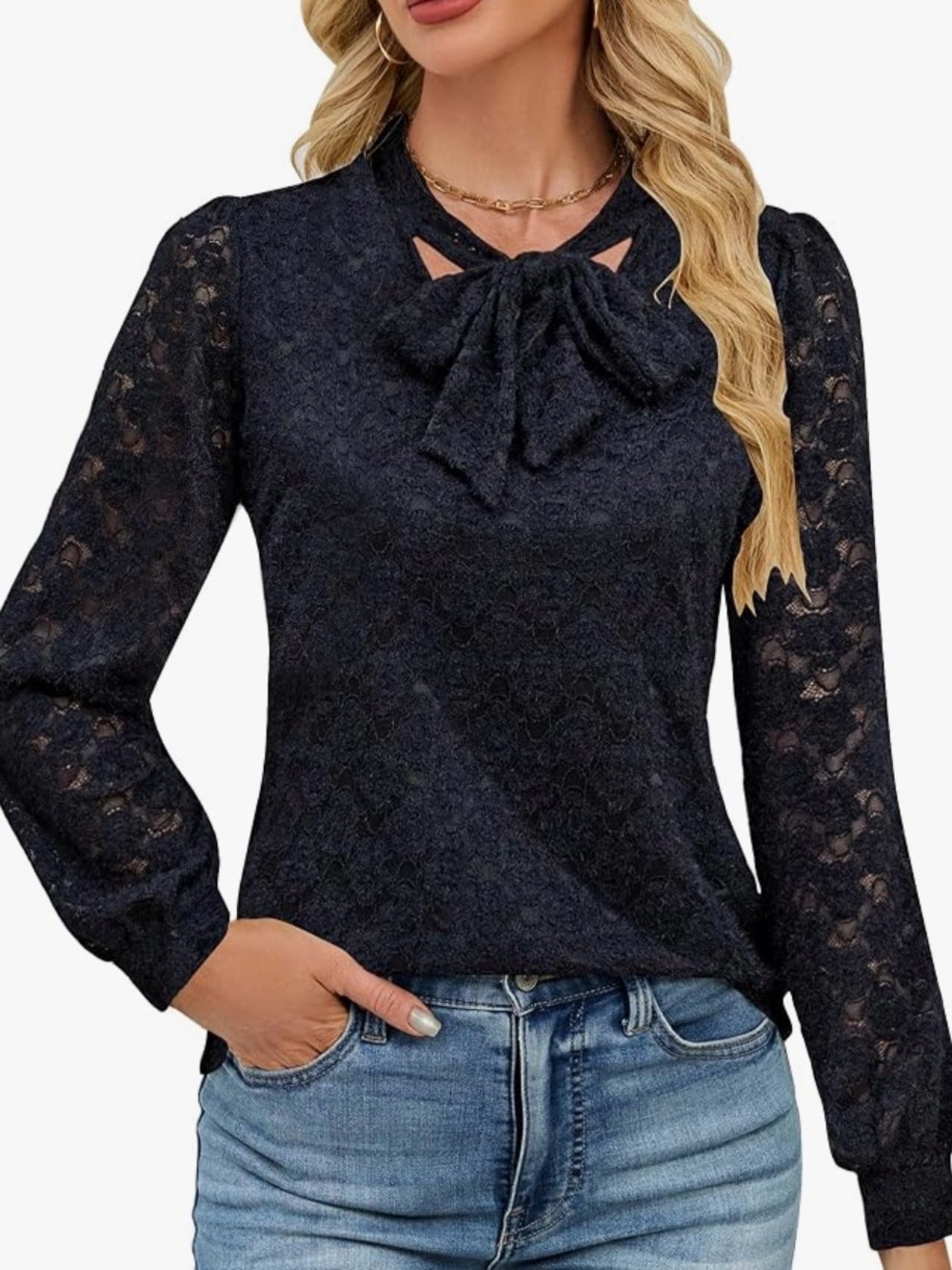 Amazon Black Lace Bow-Neck Long Sleeve Blouse